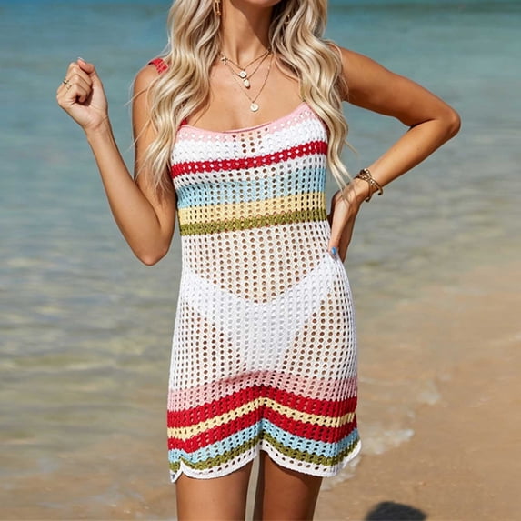 LEKWK Cover Ups for Swimwear Women Crochet Sleeveless Hollow Out Striped Dresses Square Neck Cami Dresses Summer Fashion Beach Vacation Bathing Suit Cover Ups