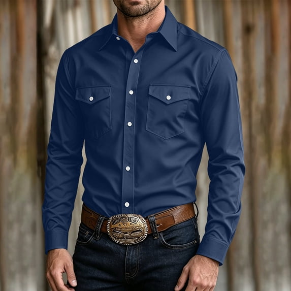 LEKWK Cowboy Shirt for Men Long Sleeve Button Front with Dual Flap Chest Pockets Point Collar and Regular Fit Western Work Shirt for Rodeo Ranch Travel and Everyday Casual Style