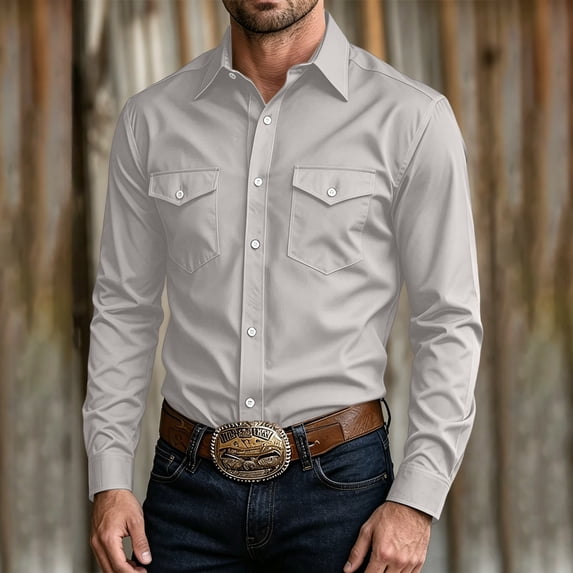 LEKWK Cowboy Shirt for Men Long Sleeve Button Front with Dual Flap Chest Pockets Point Collar and Regular Fit Western Work Shirt for Rodeo Ranch Travel and Everyday Casual Style