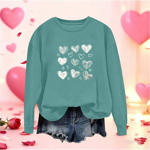 LEKWK Crewneck Sweatshirts Women Scribble Heart Print Sweatshirts for Women Long Sleeve Cute Sweatshirts Love Graphic Loose Fit Daily Casual Wear