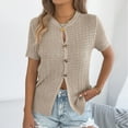 thumbnail image 1 of LEKWK Crochet Tops for Women Button Down Front Summer Tops Short Sleeve Cardigans Solid Beige Hollow Out Open Knit Outfits, 1 of 8