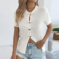thumbnail image 1 of LEKWK Crochet Tops for Women Button Down Front Summer Tops Short Sleeve Cardigans Solid Beige Hollow Out Open Knit Outfits, 1 of 8