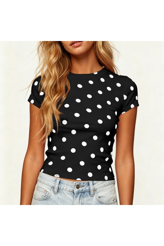 Crop Tops for Women Short Sleeve Crew Neck Polka Dot Baby Tees Lightweight Slim Fit Graphic Y2K Shirt Summer Aesthetic Streetwear Going Out Tops