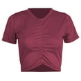 thumbnail image 1 of LEKWK Crop Tops for Women Ruched Drawstring Short Sleeve Going Out Tops Trendy Tops V Neck Cinch Front Solid Party Outfits, 1 of 3