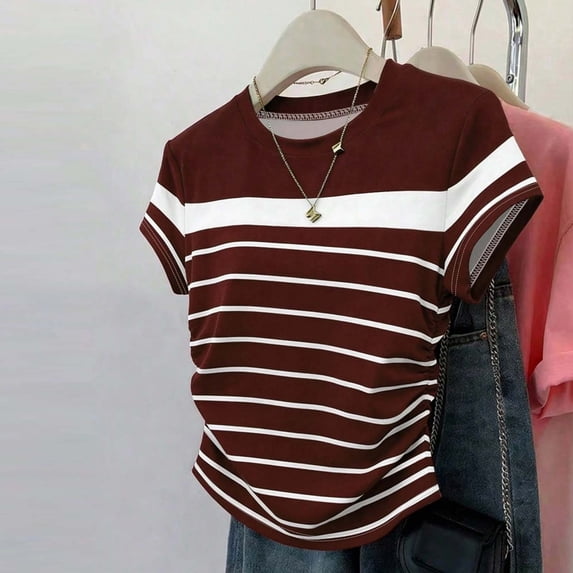 LEKWK Crop Tops for Women Short Sleeve Ruched Waist Striped T-Shirt Crew Neck Loose Fit Comfy Summer Tee Shirts Trendy Going Out Tees