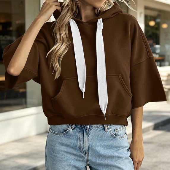 LEKWK Cropped Hoodie Women Drop Shoulder Short Sleeve Sweatshirt Drawstring Loose Fit Pullover Tops with Pocket Fall Casual Activewear Brown XXL