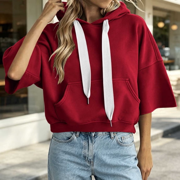 LEKWK Cropped Hoodie Women Drop Shoulder Short Sleeve Sweatshirt Drawstring Loose Fit Pullover Tops with Pocket Fall Casual Activewear Red M