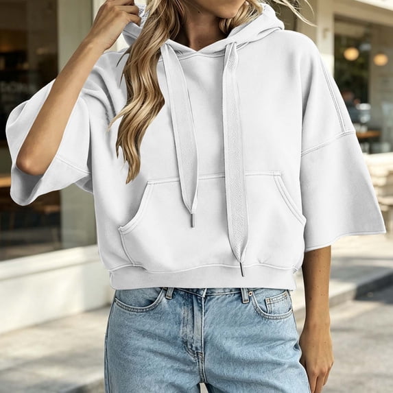 LEKWK Cropped Hoodie Women Drop Shoulder Short Sleeve Sweatshirt Drawstring Loose Fit Pullover Tops with Pocket Fall Casual Activewear White XXL