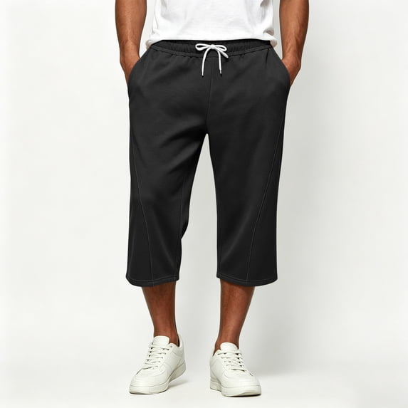LEKWK Cropped Sweatpants for Men Wide Leg Capri Pants Soft Elastic Waist Casual Lounge Pants with Pockets for Workout Walking Streetwear Everyday Wear Black L
