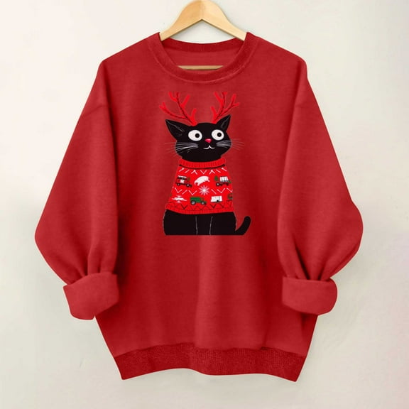 LEKWK Cute Christmas Sweatshirts for Women Oversized Long Sleeve Crew Neck Tops Cats Print Dressy Casual Holiday Shirts Family Party Fashion T-Shirts