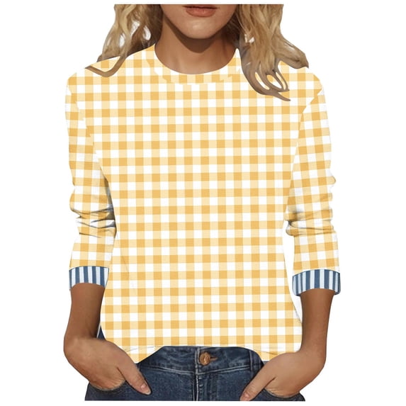 LEKWK Cute Sweatshirts for Women Regular Fit Crew Neck Long Sleeve Shirts Regular Fit Gingham Plaid Pattern Sweatshirts Striped Trim Cuffs Daily School Outfits