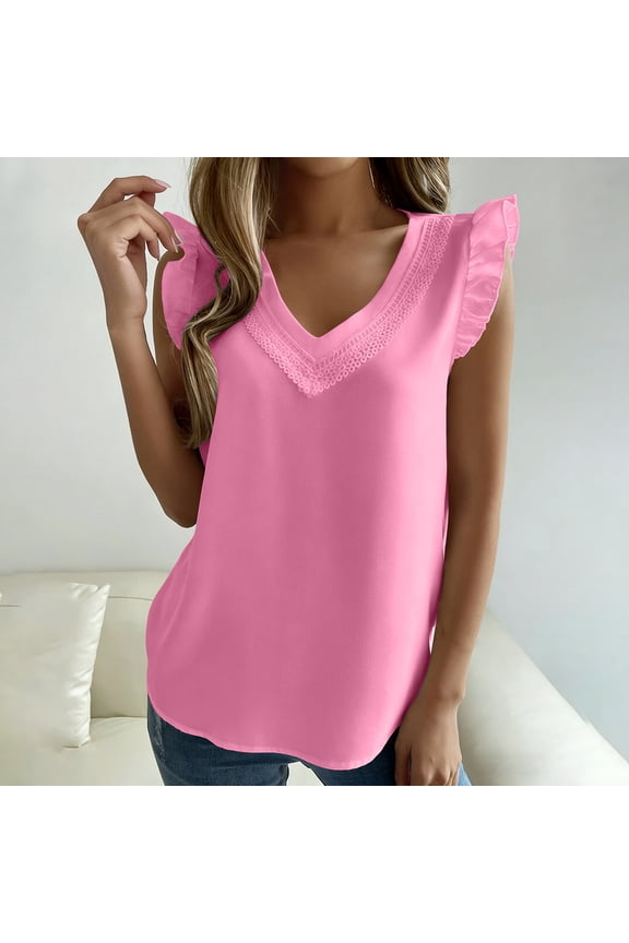 Cute Tops for Women Slim Fit V-Neck Going out Tops V-Neck Going out Tops Flutter Sleeve Lace Trim Detail Party Night Wear