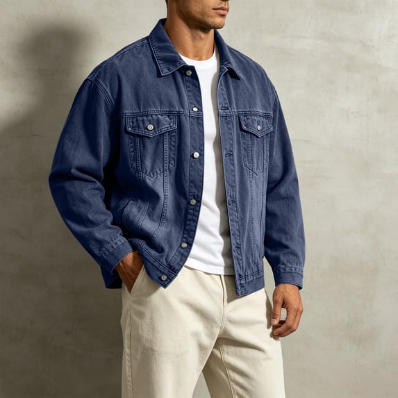 LEKWK Denim Jacket Men Button Down Relaxed Fit Vintage Jean Jacket with Pockets Long Sleeve Lightweight Fall Spring Coat Streetwear Dark Blue M
