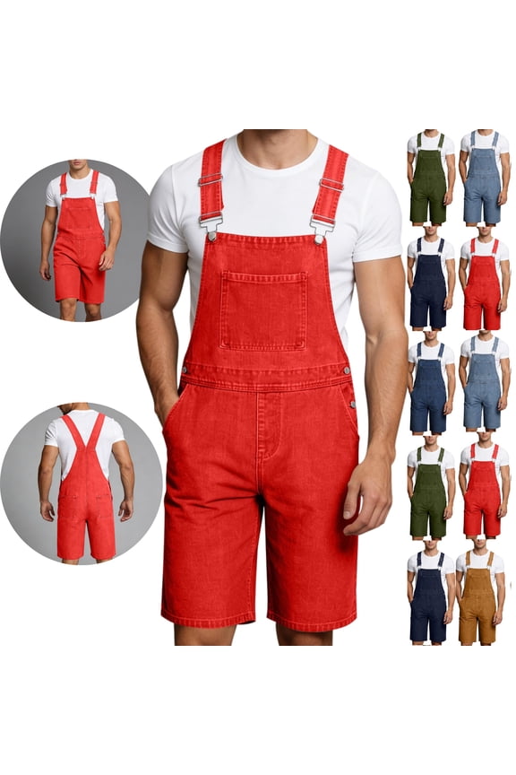 Denim Overall Shorts for Men Adjustable Strap Bib Shortalls with Chest Pocket Relaxed Fit Workwear Dungarees for Summer Casual Streetwear Red S