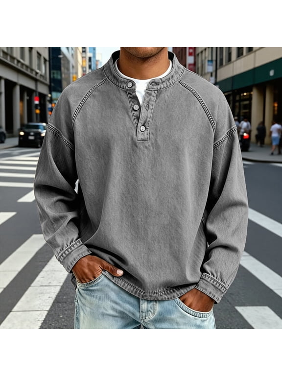 Denim Shirt for Men Long Sleeve Henley Collar Button Placket Pullover Loose Fit Casual Lightweight Breathable Classic Jean Top for Fall Gray XL