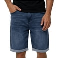 thumbnail image 1 of LEKWK Denim Shorts for Men Relaxed Fit Knee Length Mid Rise Button Waist Jean Shorts with Pockets Cuffed Hem Straight Leg Casual Shorts Daily Wear Dark Blue S, 1 of 7
