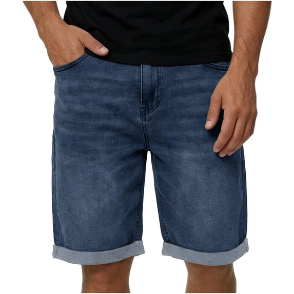 LEKWK Denim Shorts for Men Relaxed Fit Knee Length Mid Rise Button Waist Jean Shorts with Pockets Cuffed Hem Straight Leg Casual Shorts Daily Wear Dark Blue S