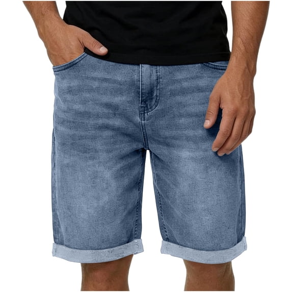 LEKWK Denim Shorts for Men Relaxed Fit Knee Length Mid Rise Button Waist Jean Shorts with Pockets Cuffed Hem Straight Leg Casual Shorts Daily Wear Light Blue XXL