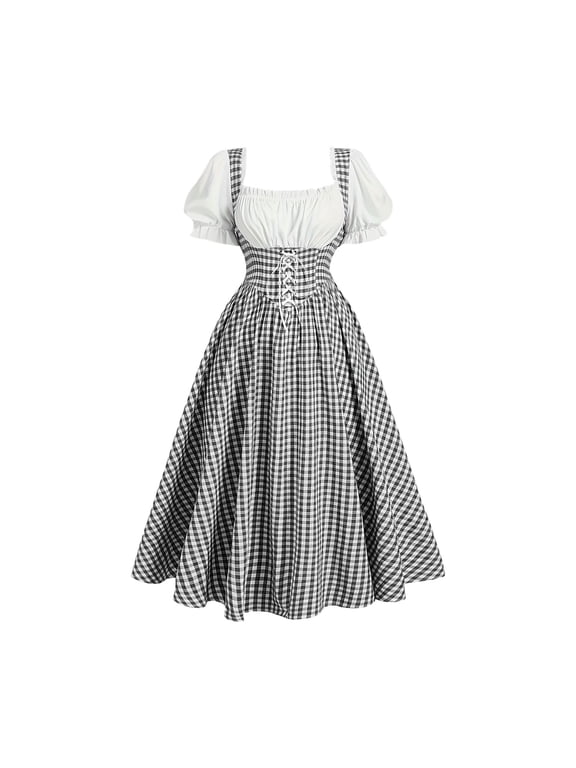 Dirndl Dresses Women Lace-Up Short Sleeve Gingham Dress Traditional German Costumes Renaissance Oktoberfest Outfits Women Halloween Cosplay
