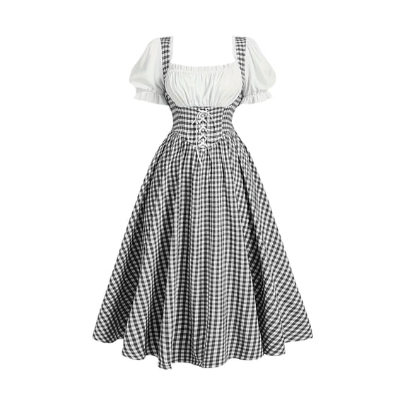LEKWK Dirndl Dresses Women Lace-Up Short Sleeve Gingham Dress Traditional German Costumes Renaissance Oktoberfest Outfits Women Halloween Cosplay