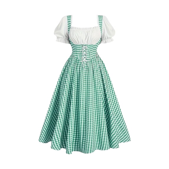 LEKWK Dirndl Dresses Women Lace-Up Short Sleeve Gingham Dress Traditional German Costumes Renaissance Oktoberfest Outfits Women Halloween Cosplay