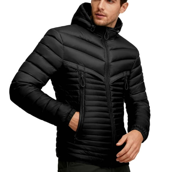 LEKWK Down Puffer Jacket Men Padded Warm Winter Coat Zip Up Lightweight Jackets Thick Quilted Hooded Puffy Coats with Pockets Outerwear, Black XL