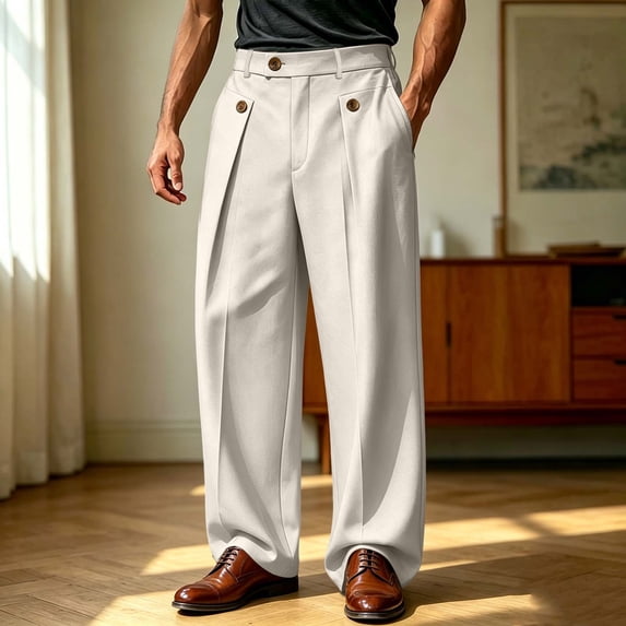 LEKWK Dress Pants for Men High Waisted Pleated Wide Leg Trouser Relaxed Fit Button Detail Classic Business Casual Lounge Pants for Office Work formal Wear Beige XXXL