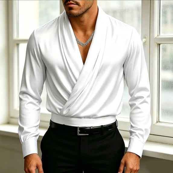 LEKWK Dress Shirt for Men Long Sleeve Deep V Neck Shawl Collar Blouse Slim Fit Stretch Party Prom Shirt Classic Casual Lounge Top White M
