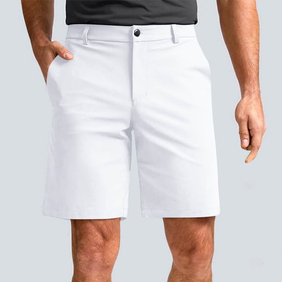 LEKWK Dress Shorts for Men with Pockets Stretch Mid Rise Button Waist Golf Shorts office Straight Leg Knee Length Casual Shorts Work Daily Bottoms White L