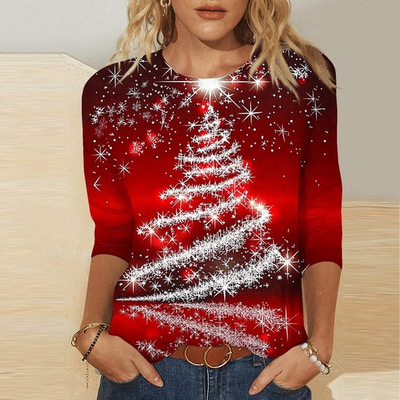 LEKWK Dressy Christmas Tops for Women Xmas Tree Crew Neck 3/4 Sleeve Tshirts Christmas Outfits for Women 2025 Christmas Sweatshirts for Women 2025