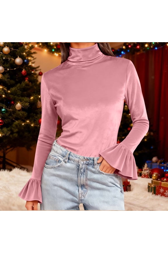 Dressy Tops for Women Mock Turtle Neck High Neck Bell Sleeve Tops Ruffle Cuffs Dress Blouses Slim Fit Elegant Business Casual Work Date Night Wear