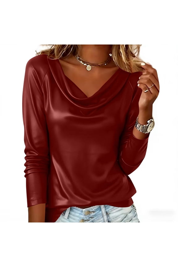 Dressy Tops for Women Cowl Neck Drape Front Going out Tops Long Sleeve Club Tops Metallic Sheen Texture Slim Fit Party Evening Wear