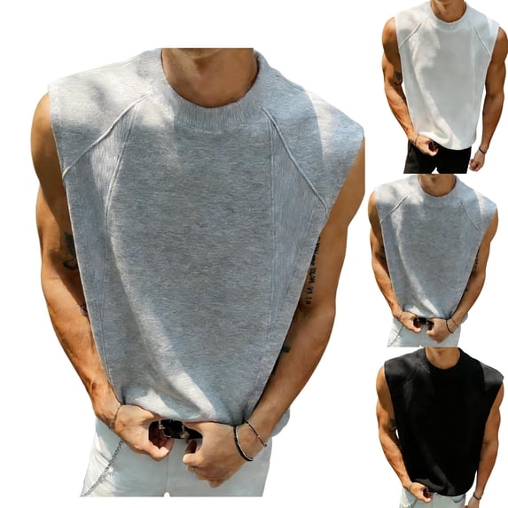 LEKWK Fashion Sleeveless T-Shirt for Men Wide Shoulder Crew Neck Solid Pullover Streetwear Hip Hop Casual Tank Top Vest