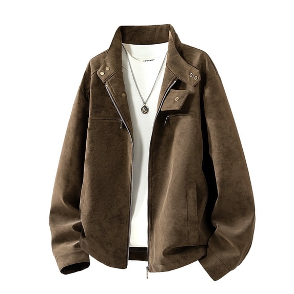 LEKWK Faux Leather Jacket Men Stand Collar Full Zip Moto Biker Coat with Pockets Fall Winter Office Work Business Casual Outerwear