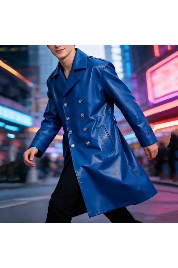 Faux Leather Trench Coats for Men Long Double Breasted Lapel Winter Jackets Classic Fit Punk Steampunk Outerwear Windbreaker for Motorcycle Cosplay Blue S