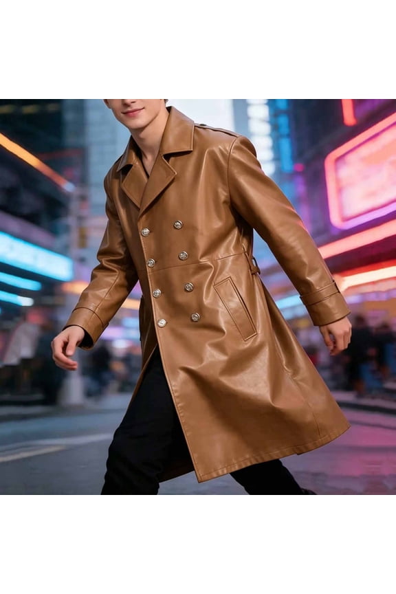 Faux Leather Trench Coats for Men Long Double Breasted Lapel Winter Jackets Classic Fit Punk Steampunk Outerwear Windbreaker for Motorcycle Cosplay Brown S