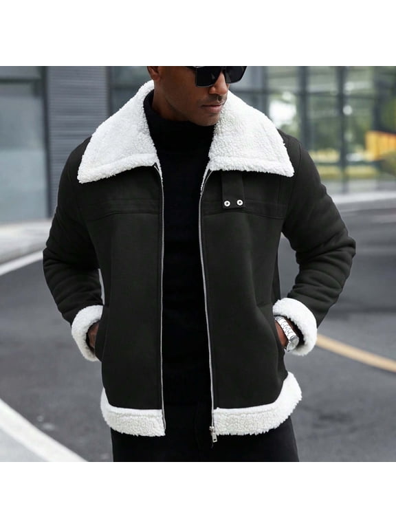 Faux Suede Sherpa Jacket for Men Full Zip Shearling Lined Coat with Oversized Turn Down Collar and Hand Pockets Warm Relaxed Fit Winter Outerwear for Travel and Casual Streetwear Black L