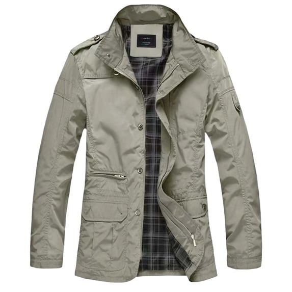 LEKWK Field Jacket for Men Stand Collar Zip and Snap Front Coat with Shoulder Epaulets Plaid Lining and Multiple Pockets Casual Outdoor Outerwear for Travel Work and Everyday Wear Khaki L