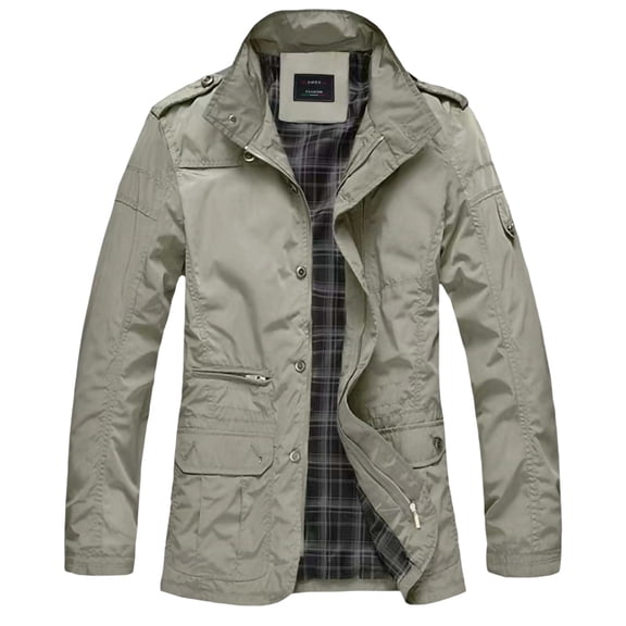 LEKWK Field Jacket for Men Stand Collar Zip and Snap Front Coat with Shoulder Epaulets Plaid Lining and Multiple Pockets Casual Outdoor Outerwear for Travel Work and Everyday Wear Khaki XXL