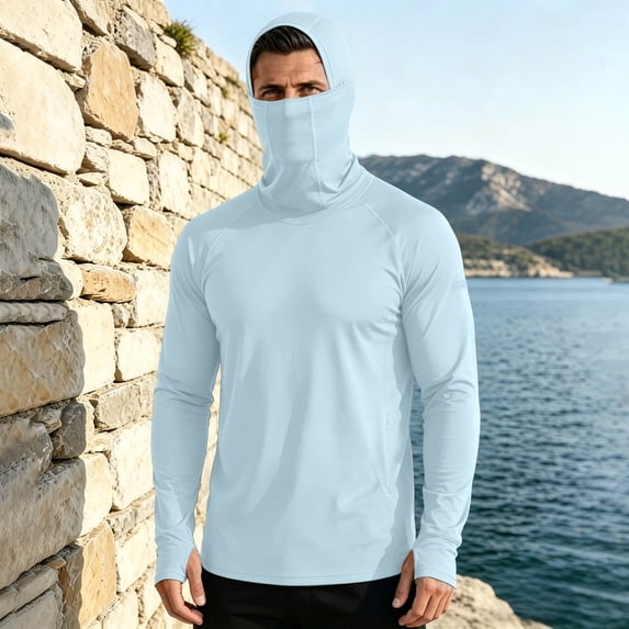 LEKWK Fishing Shirts for Men Quick Dry Long Sleeve Hooded Face Cover Slim Fit Sun Shirt Lightweight Breathable UPF 50+ Protection Athletic Fishing Wear Light Blue XXXL