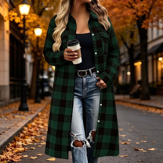 LEKWK Flannel Shirt Women Plaid Longline Shirt Button Down Lapel Collar Oversized Coat Long Sleeve Fall Winter Casual Streetwear Outerwear
