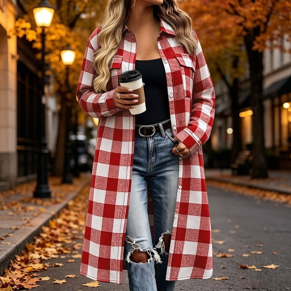 LEKWK Flannel Shirt Women Plaid Longline Shirt Button Down Lapel Collar Oversized Coat Long Sleeve Fall Winter Casual Streetwear Outerwear