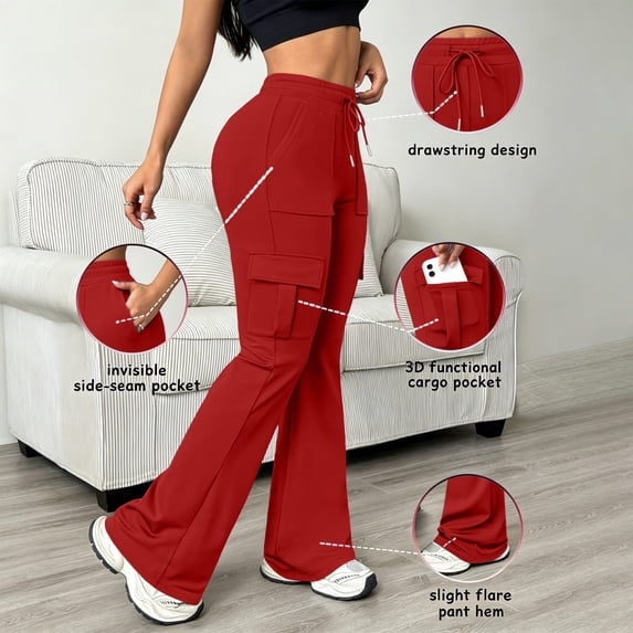 LEKWK Flare Leggings for Women High Waisted Drawstring Workout Cargo with Pockets Slim Fit Solid Bootcut Yoga Pants Athletic Gym Fitness Running Outfits