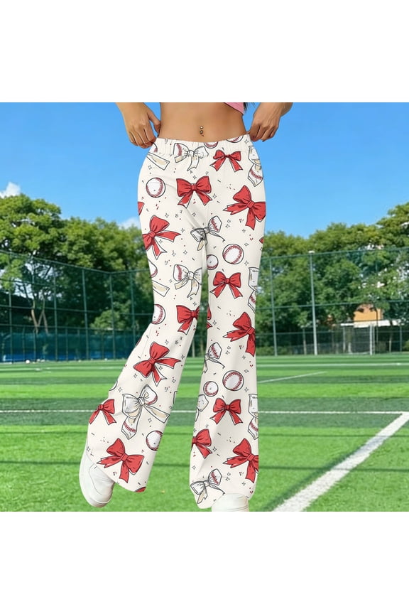 Flare Pants for Women Game Day Football Floral Print High Waisted Bell Bottom Yoga Pant Stretchy Soft Gym Pants Running Sporty Team Match Wear