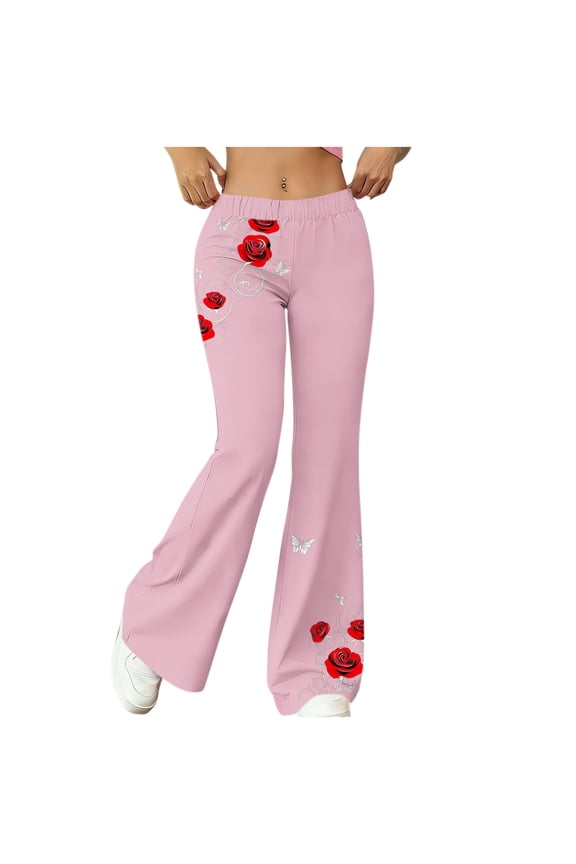 Flare Pants for Women Slim Fit Floral Graphic Print High Waist Bell Bottom Pants Stretchy Aesthetic Flared Yoga Pants for Festival Club Wear