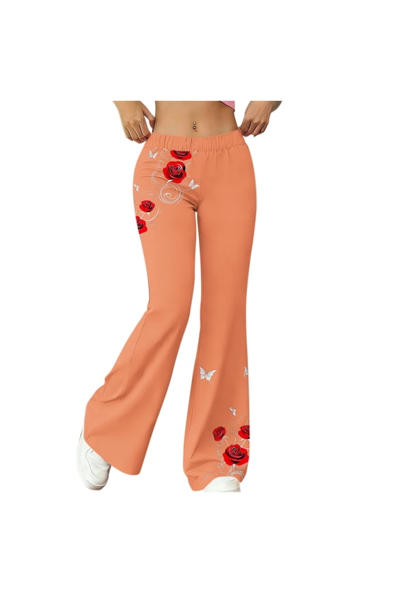 Flare Pants for Women Slim Fit Floral Graphic Print High Waist Bell Bottom Pants Stretchy Aesthetic Flared Yoga Pants for Festival Club Wear