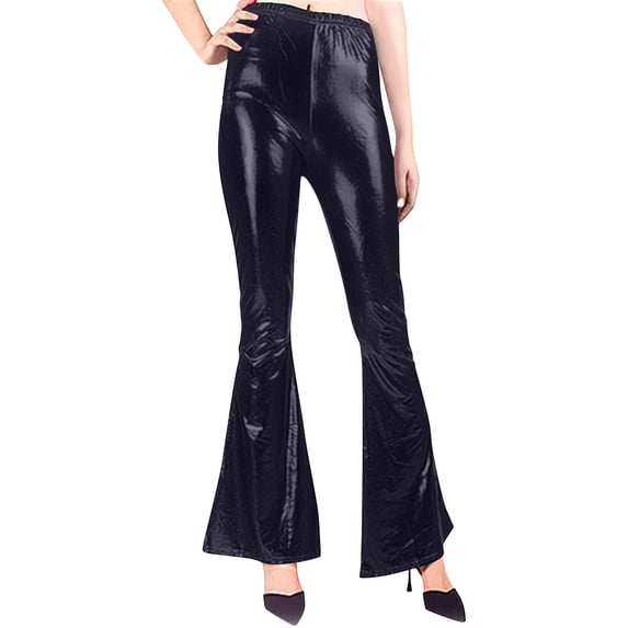 LEKWK Flare Pants for Women Slim Fit High Waisted Bell Bottom Pants Faux Leather Pants Shiny Metallic Pants for Disco Party Clubwear Wear Outfits