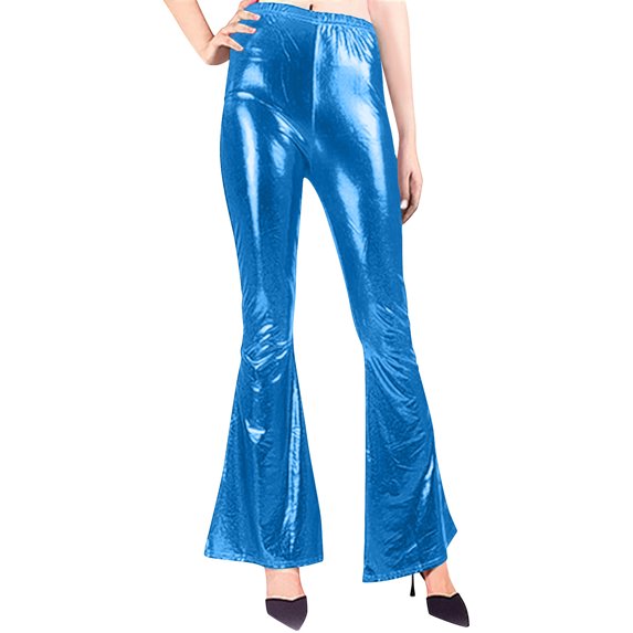 LEKWK Flare Pants for Women Slim Fit High Waisted Bell Bottom Pants Faux Leather Pants Shiny Metallic Pants for Disco Party Clubwear Wear Outfits