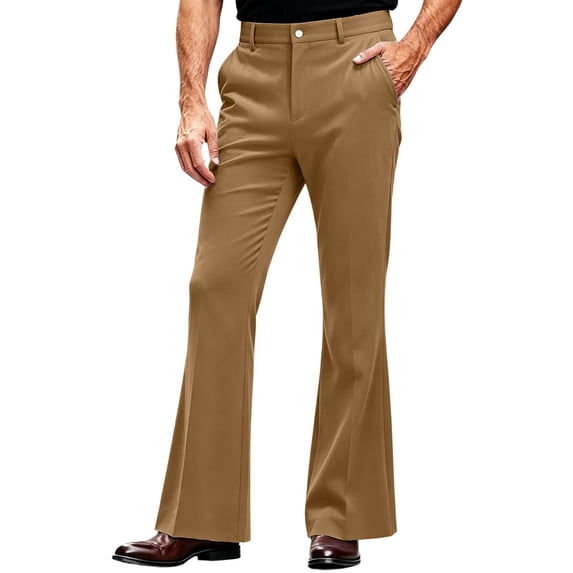 LEKWK Flared Dress Pants for Men Slim Fit Bootcut Trousers Retro Style Casual Slacks with Pockets Smooth Draped Apparel for Business Work Office Party Outing Brown XL