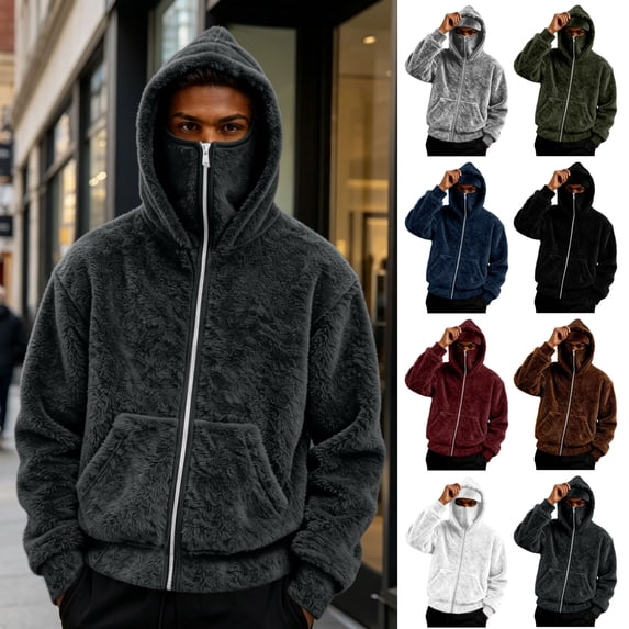 LEKWK Fleece Jacket Men Fuzzy Zip up Thermal Winter Hoodies with Face Mask Long Sleeve Oversized Warm Plush Outwear Dark Gray XXL